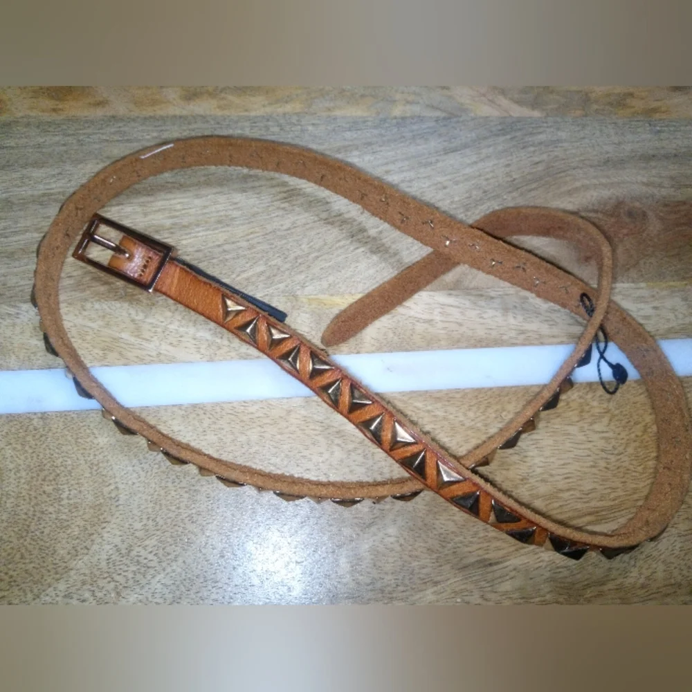 Mango Pyramid Studded Vegan Leather Belt Sz M in Saddle Brown NWOT